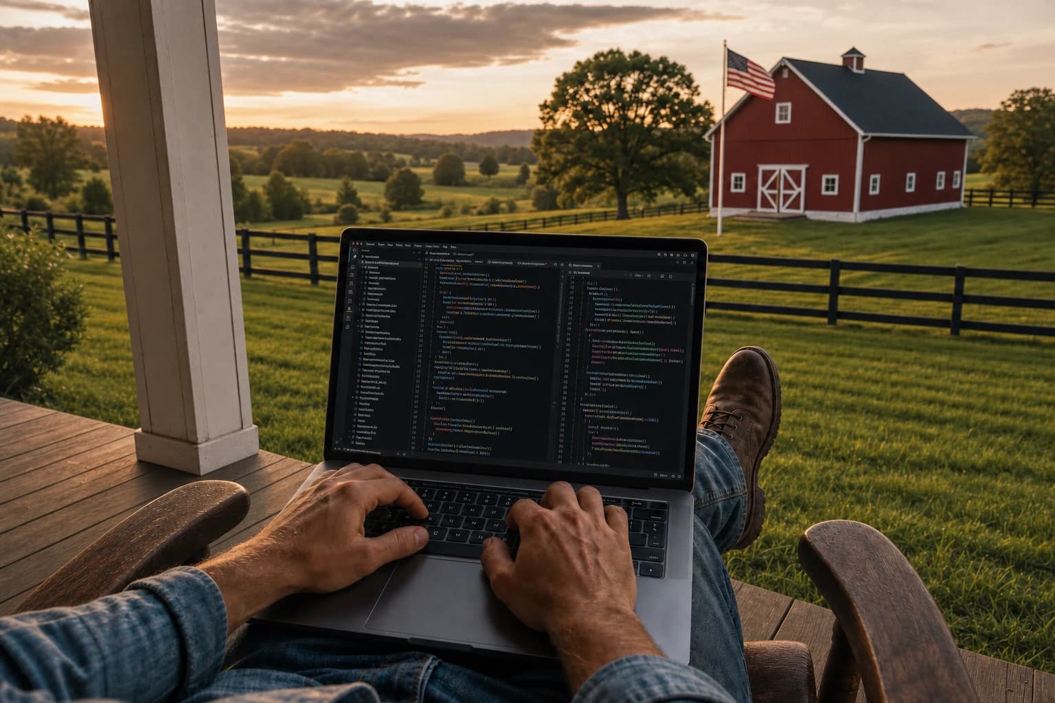 Developer working on a laptop from a porch overlooking a farm at sunset